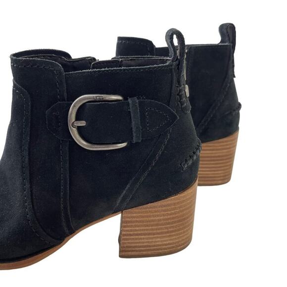 UGG Leahy Black Suede Leather Ankle Boots Stacked Block Heel Booties Size 9 - Picture 9 of 14